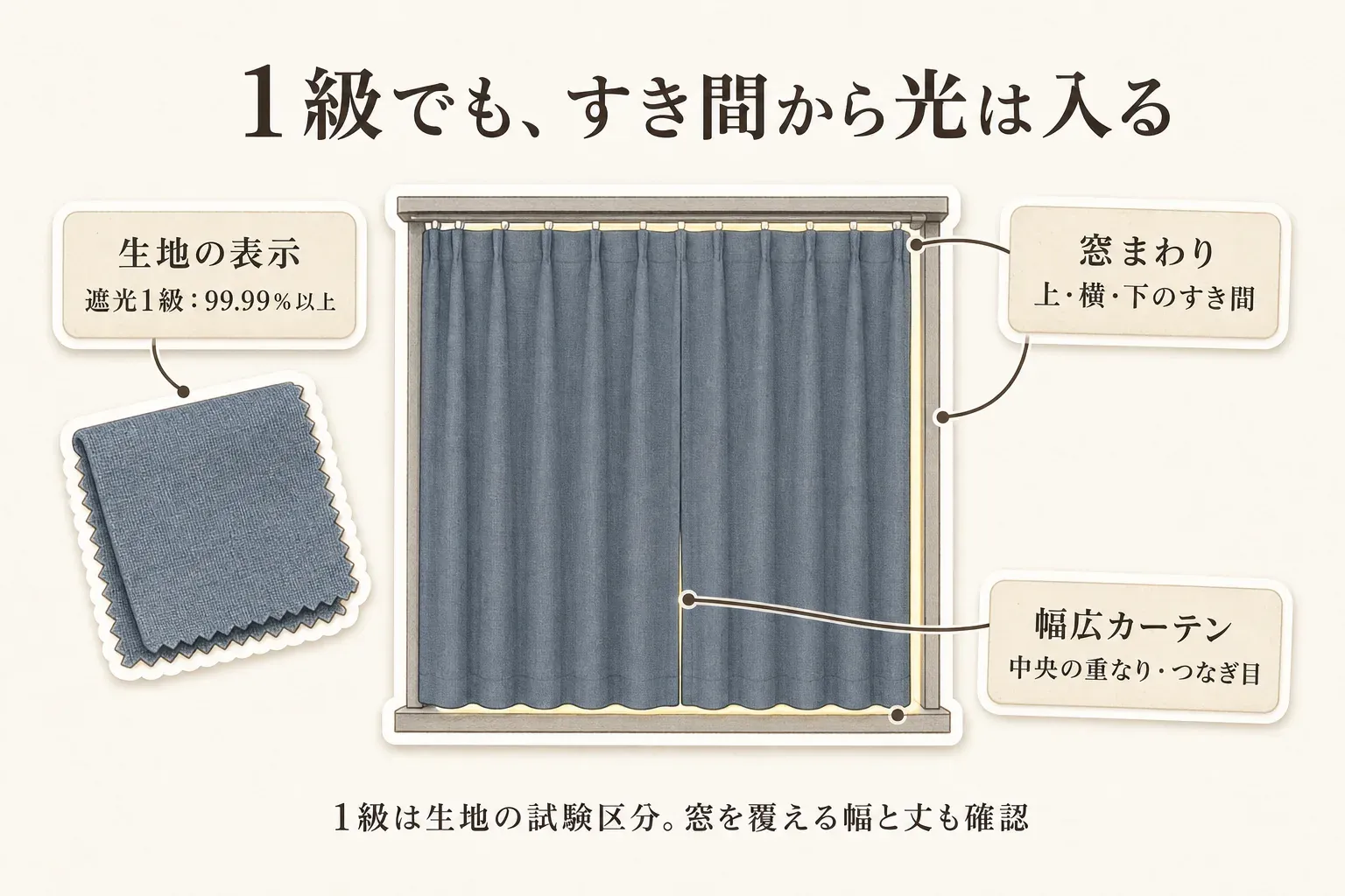 遮光1級でもカーテンのすき間から光が入ることを示す図。生地の表示は遮光1級・遮光率99.99％以上である一方、窓まわりの上・横・下のすき間、幅広カーテンの中央の重なりやつなぎ目を確認し、窓を覆える幅と丈を選ぶ必要があることを説明している。