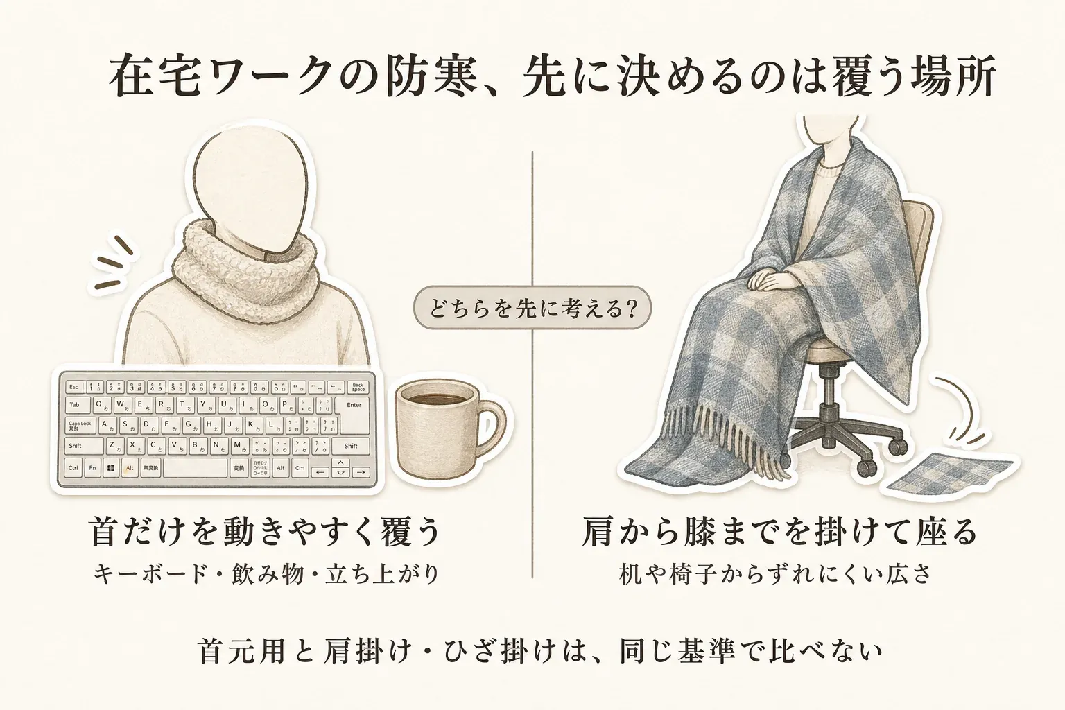 在宅ワークの防寒で覆う場所を選ぶ図。キーボードと飲み物の前ではネックウォーマーで首だけを動きやすく覆い、椅子に座る時間には肩から膝まで肩掛け・ひざ掛けを掛け、机や椅子からずれにくい広さを確認することをイラストで示している。