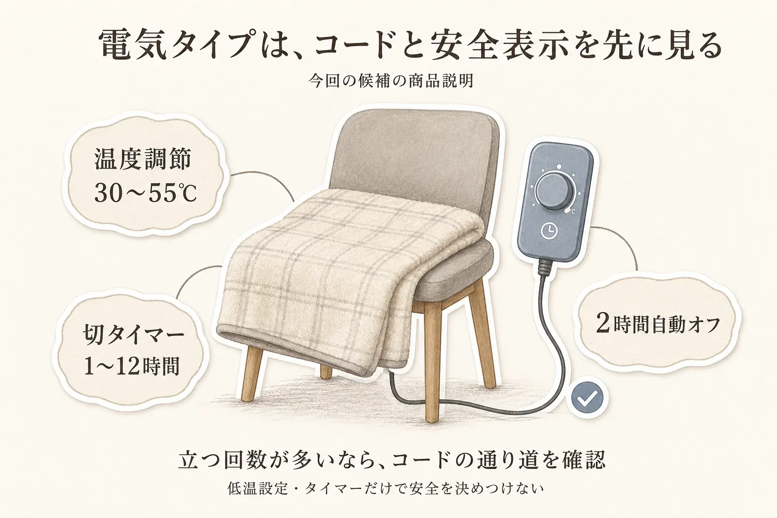 電気毛布を椅子で使うときの確認事項を示す図。今回の候補の商品説明にある温度調節30〜55℃、切タイマー1〜12時間、2時間自動オフとコントローラー、椅子の足元を通る電源コードを描き、立つ回数が多い場合はコードの通り道を確認し、低温設定やタイマーだけで安全を決めつけないことを示している。