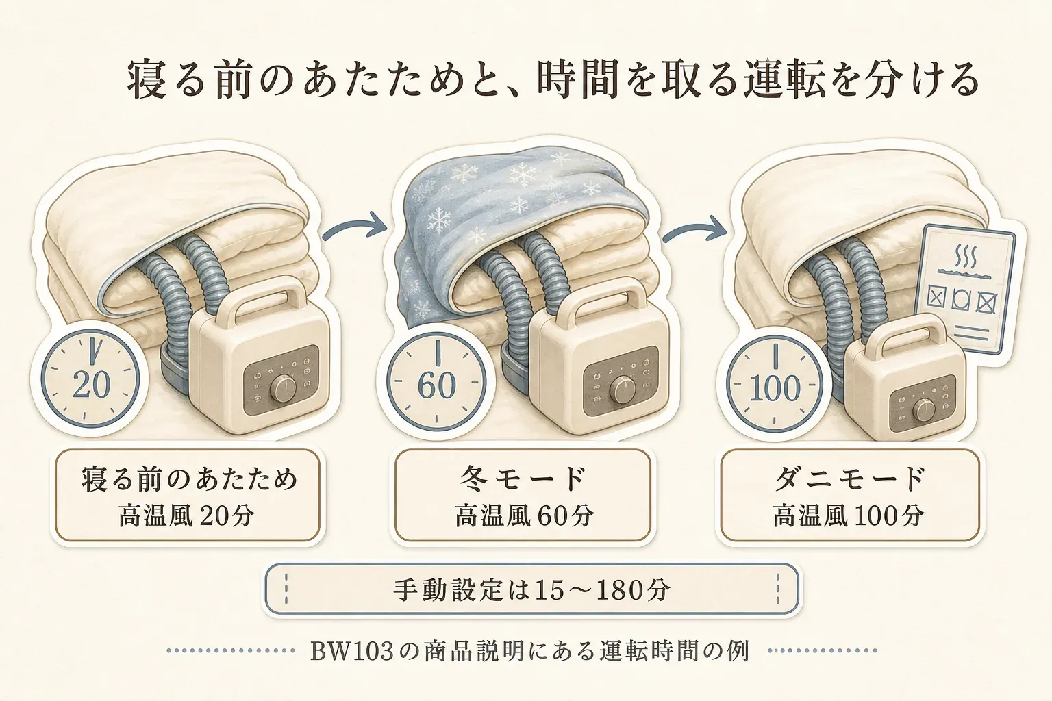 布団乾燥機BW103の商品説明にある運転時間の例を示す図。寝る前のあたためは高温風20分、冬モードは高温風60分、ダニモードは高温風100分で、手動設定は15〜180分と表示し、寝る前の短時間運転と時間を取る運転を分けることを示している。