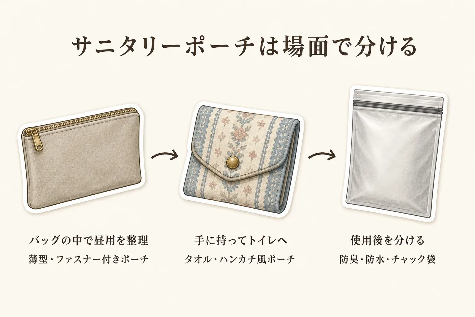 サニタリーポーチを使う3つの場面。バッグの中で昼用を整理する薄型・ファスナー付きポーチ、手に持ってトイレへ移動するタオル・ハンカチ風ポーチ、使用後の用品を分ける防臭・防水のチャック袋をイラストで示している。