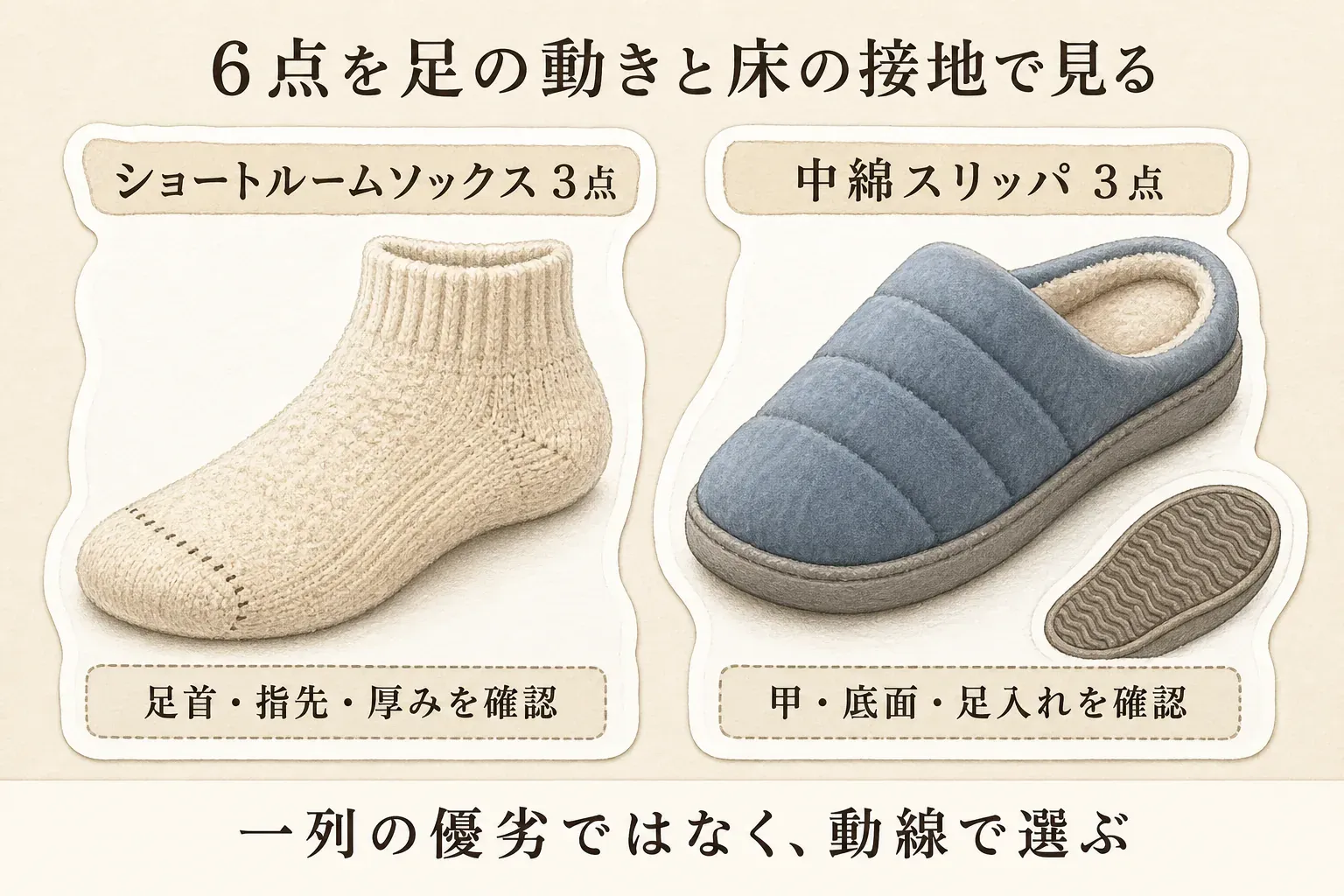 ショートルームソックス3点と中綿スリッパ3点の比較軸を示す図。ソックスは足首・指先・厚み、スリッパは甲・底面・足入れを確認し、一列の優劣ではなく室内での動線に合わせて選ぶことを示している。