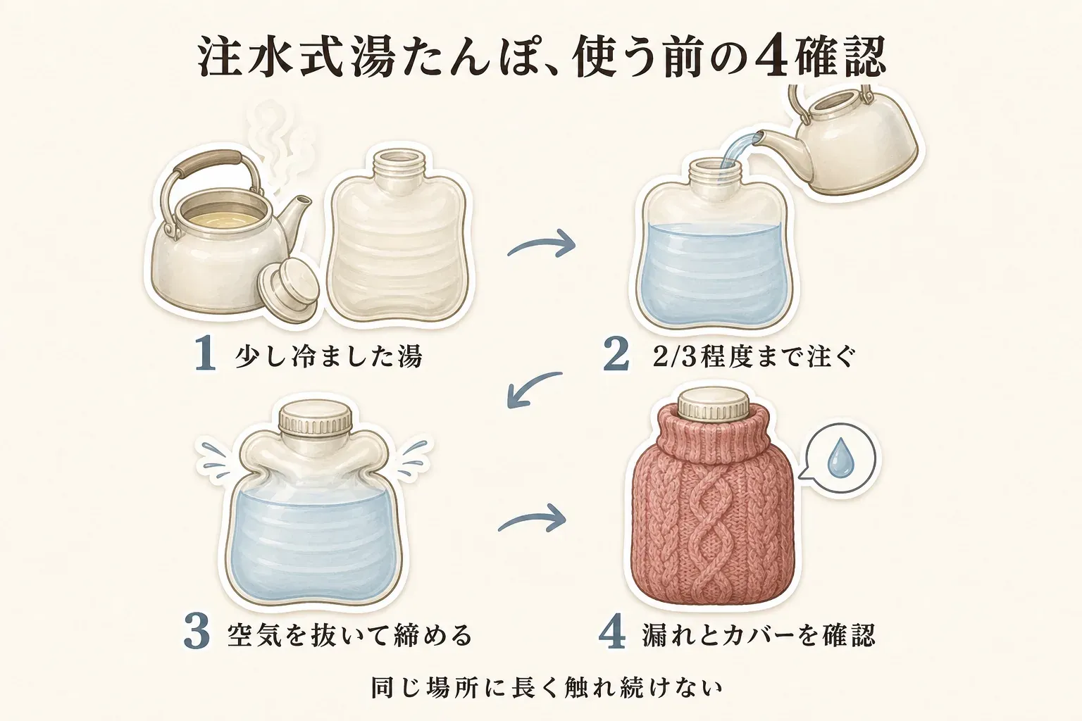 注水式湯たんぽを使う前の4確認を示す図。少し冷ました湯を用意する、軟質樹脂製の例では2/3程度まで注ぐ、空気を抜いて締める、漏れとカバーを確認する順番と、同じ場所に長く触れ続けない注意を示している。出典：消費者庁「湯たんぽの表示」。