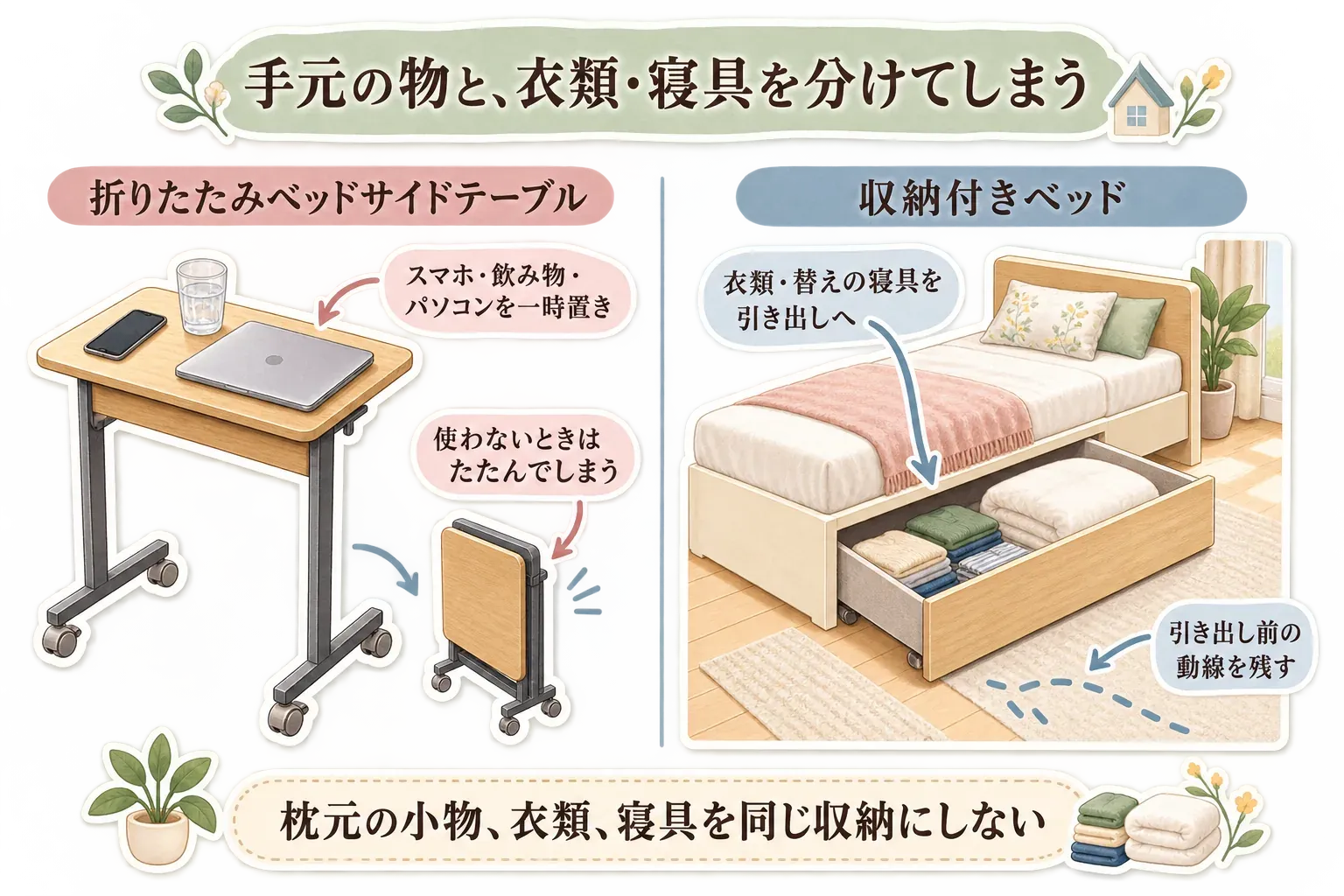 折りたたみベッドサイドテーブルと収納付きベッドの役割を分ける図。前者はスマホ・飲み物・パソコンの一時置きに使い、使わないときはたたんで収納する。後者は衣類・替えの寝具を引き出しにしまい、引き出し前の動線を残すことを示している。