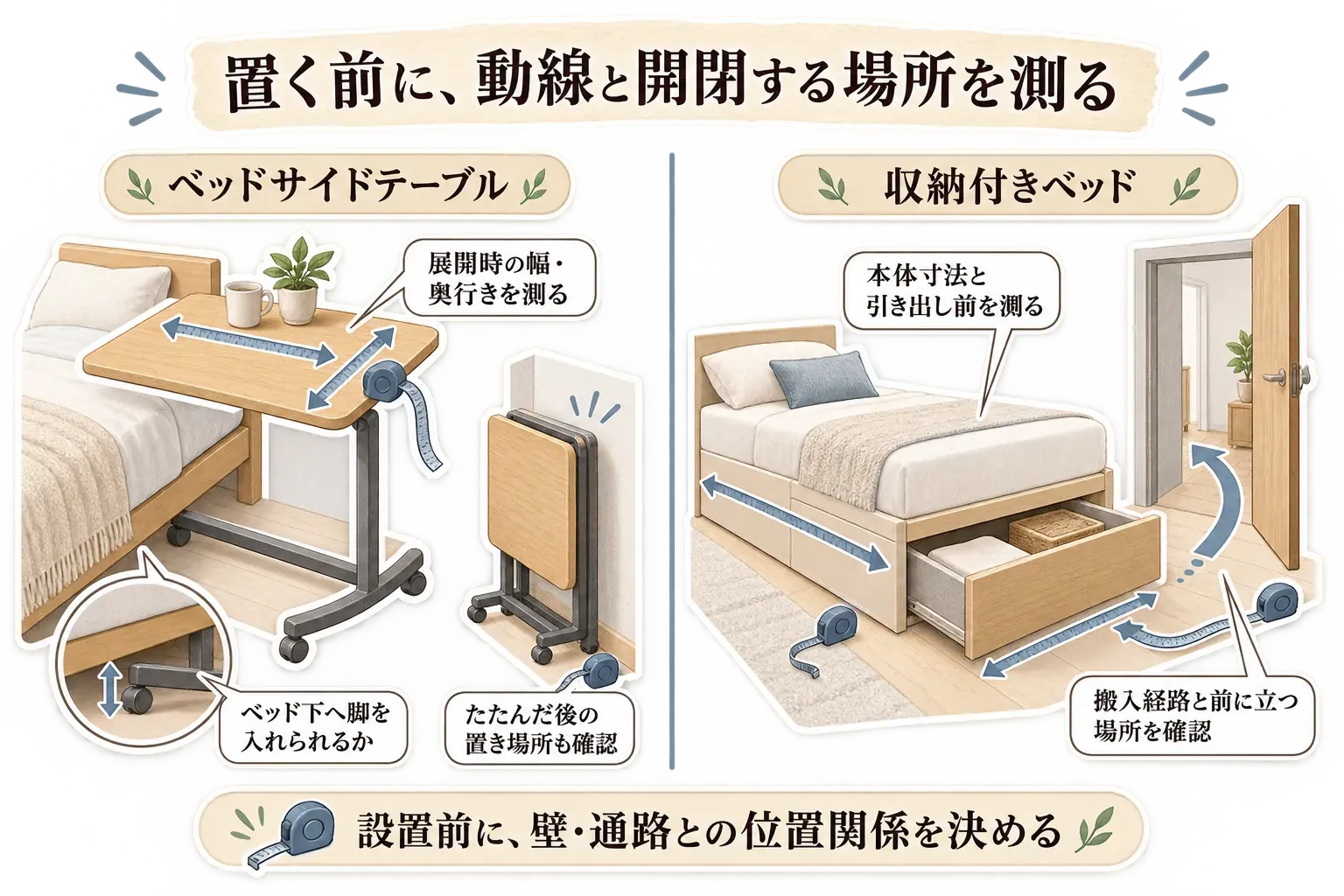 ベッド脇に置く前の採寸箇所を示す図。ベッドサイドテーブルは展開時の幅・奥行き、ベッド下へ脚を入れられる高さ、折りたたみ後の置き場所を確認する。収納付きベッドは本体寸法、引き出し前の空間、搬入経路と前に立つ場所を測ることを示している。
