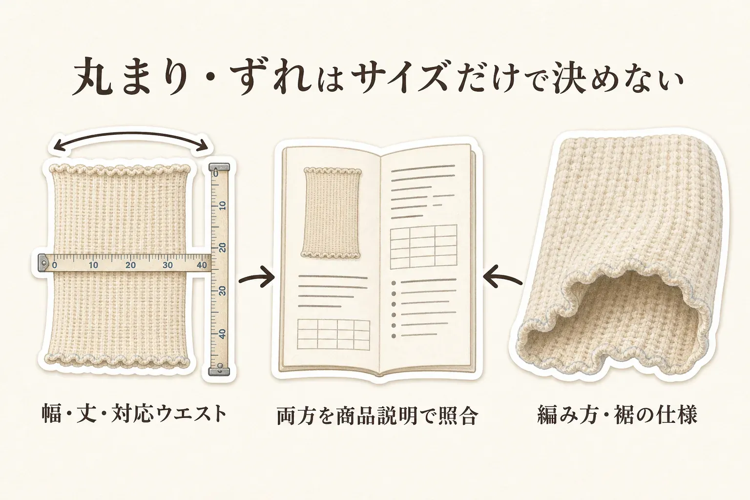 腹巻きの丸まり・ずれはサイズだけで決めないことを示す図。幅・丈・対応ウエストをメジャーで確認し、商品説明で寸法と編み方・裾の仕様の両方を照合する流れを、腹巻きと商品説明書のイラストで示している。