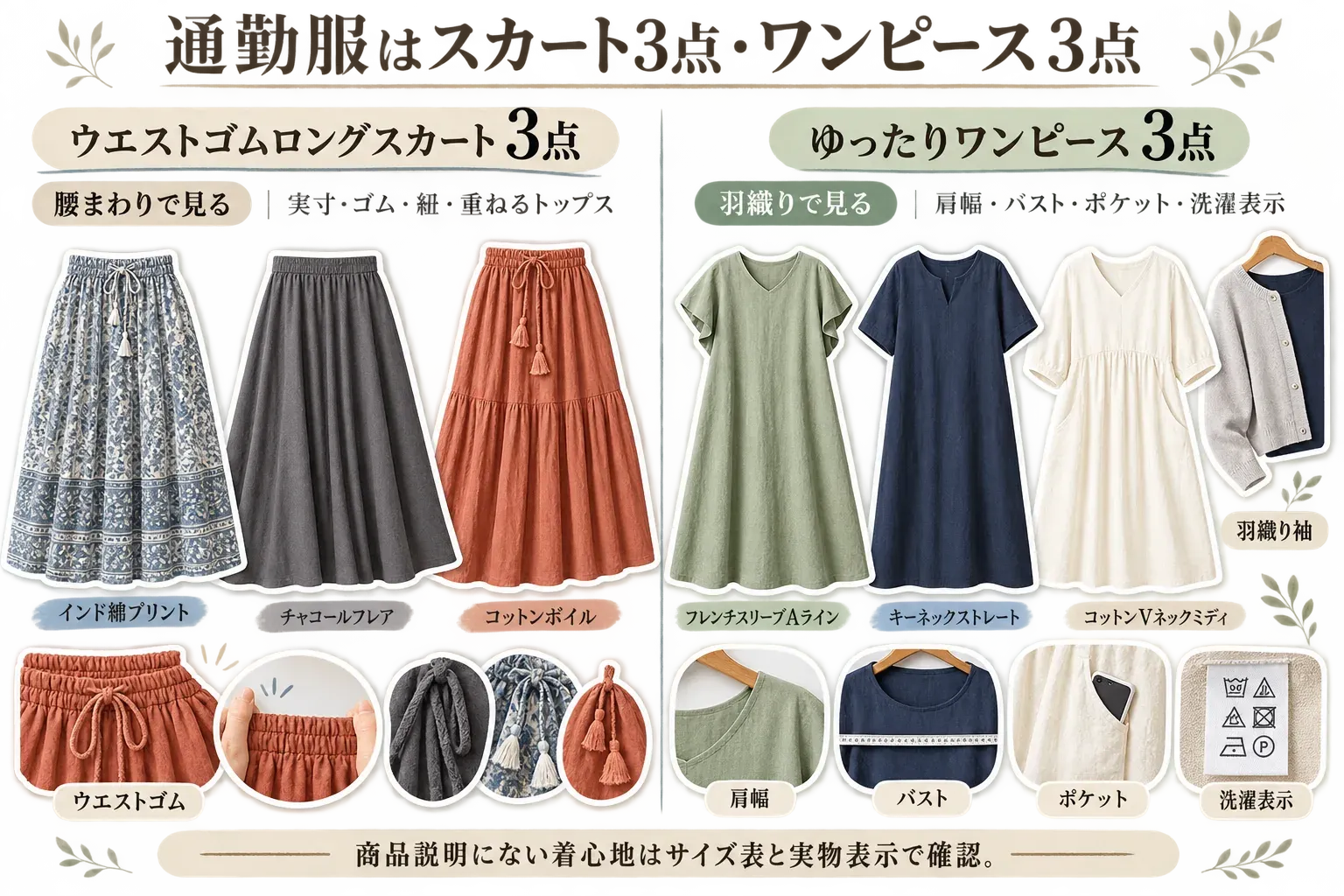通勤服として比較するウエストゴムロングスカート3点とゆったりワンピース3点の確認項目を示す図。スカートはウエストの実寸・ゴム・紐・重ねるトップスを、ワンピースは羽織りと合わせる肩幅・バスト・ポケット・洗濯表示を確認し、商品説明にない着心地はサイズ表と実物表示で確かめることを示している。