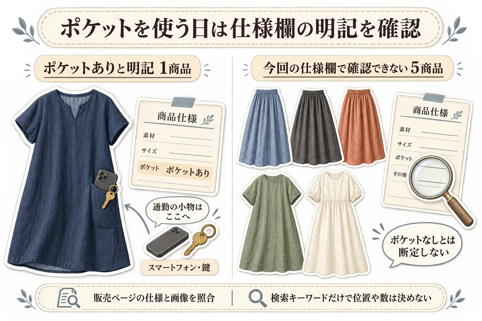 通勤服のポケット確認を示す図。ポケットありと仕様欄に明記されたワンピースにはスマートフォンと鍵を入れ、今回の仕様欄で確認できないスカート3点とワンピース2点はポケットなしと断定せず、販売ページの仕様欄と画像で位置や数を照合することを示している。