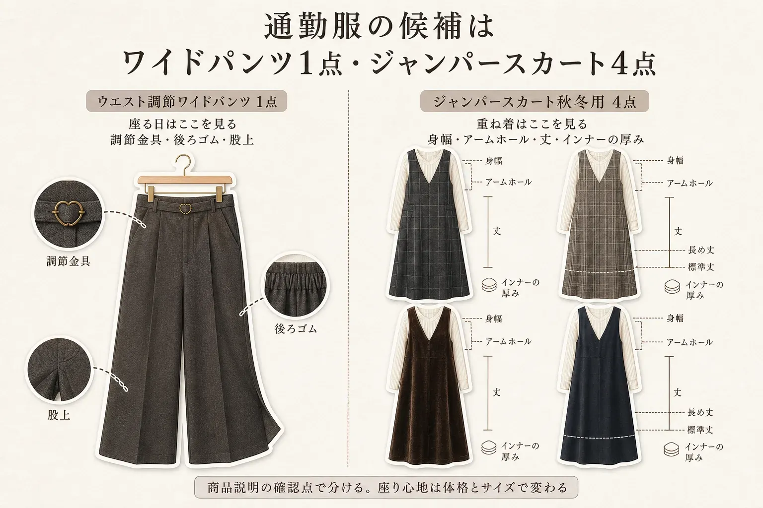 秋冬の通勤服候補を、ウエスト調節ワイドパンツ1点とジャンパースカート秋冬用4点に分けて示す図。ワイドパンツは座る日に調節金具・後ろゴム・股上を確認し、ジャンパースカートは重ね着に向けて身幅・アームホール・丈・インナーの厚みを確認すること、座り心地は体格とサイズで変わることを示している。