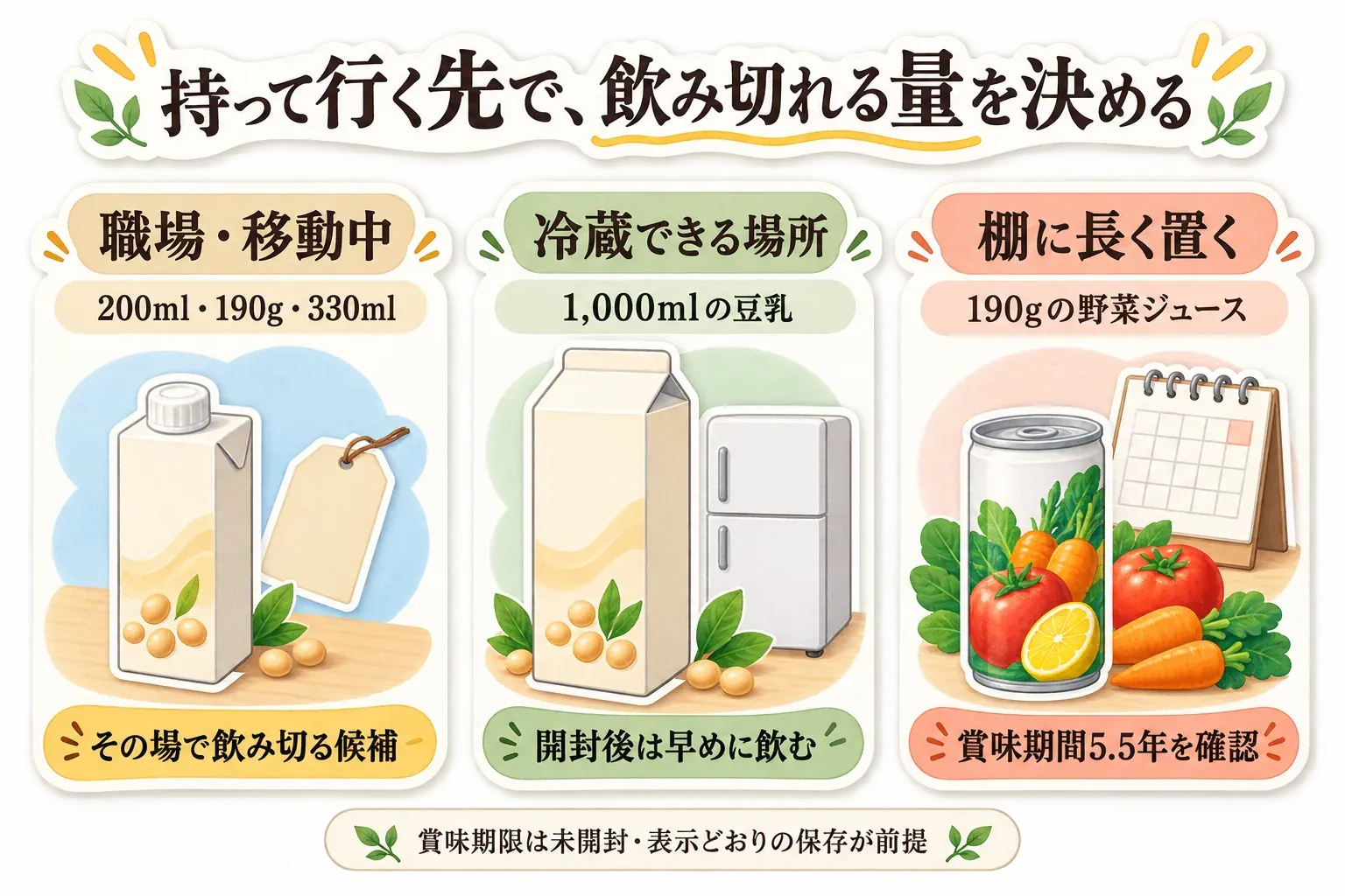 持って行く場所別に飲み切れる量を決める図。職場・移動中は200ml・190g・330mlをその場で飲み切る候補、冷蔵できる場所では1,000mlの豆乳を開封後早めに飲む候補、棚に長く置く場合は賞味期間5.5年の190g野菜ジュースを選ぶ例を示す。賞味期限は未開封で表示どおりに保存した場合が前提。