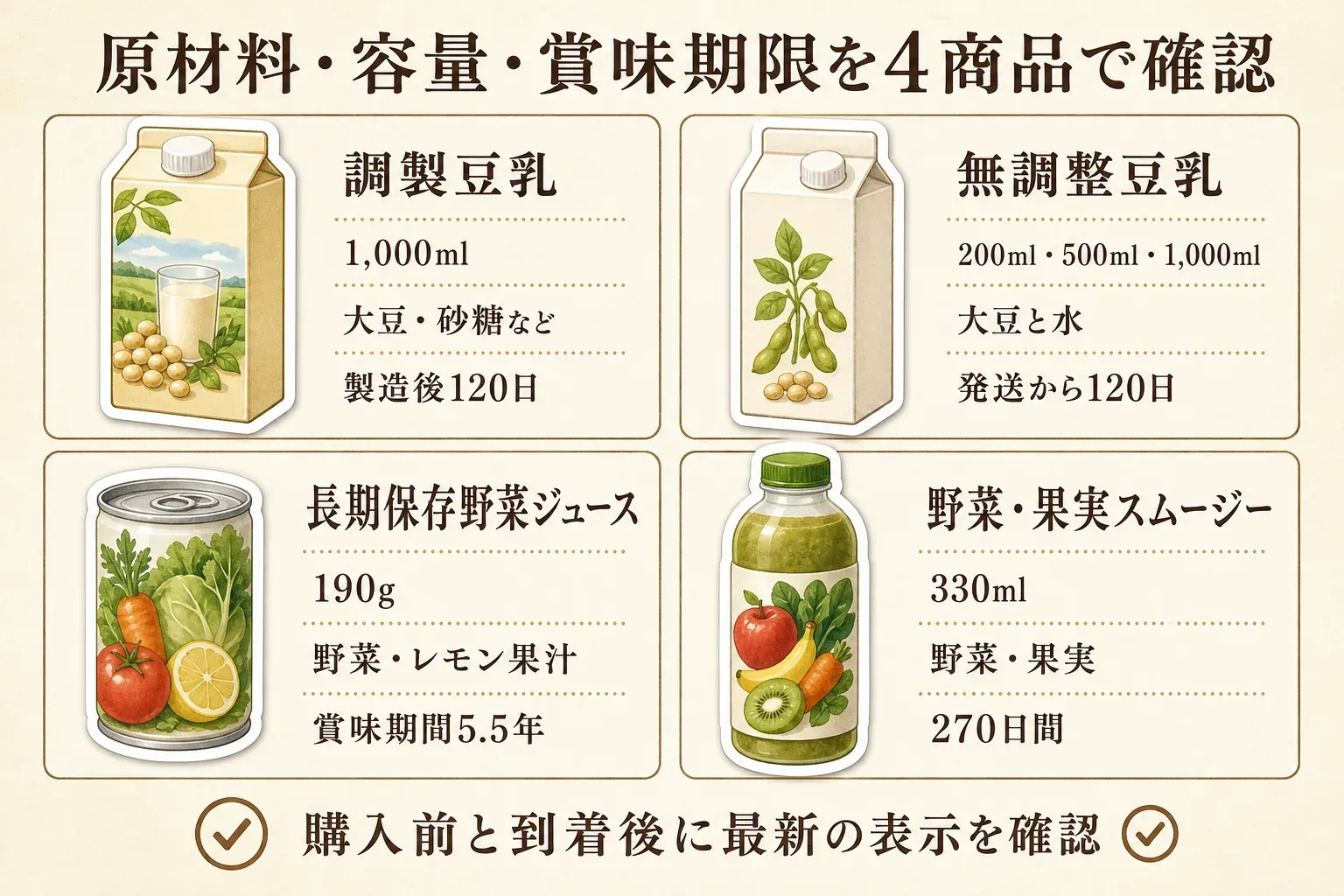 常温保存の4商品について、原材料・容量・賞味期限を比べる図。調製豆乳は1,000ml、大豆・砂糖など、製造後120日。無調整豆乳は200ml・500ml・1,000ml、大豆と水、発送から120日。長期保存野菜ジュースは190g、野菜・レモン果汁、賞味期間5.5年。野菜・果実スムージーは330ml、野菜・果実、270日間と示し、購入前と到着後に最新の表示を確認するよう案内している。