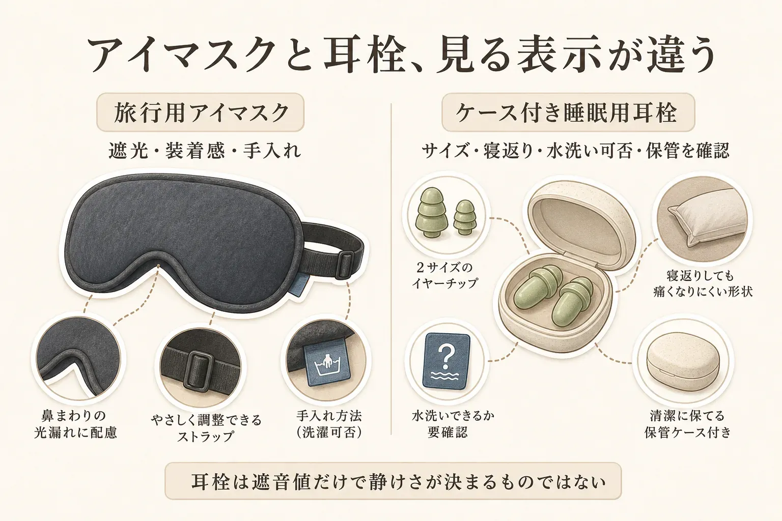 旅行用アイマスクとケース付き睡眠用耳栓で確認する表示の違いを示す図。アイマスクは鼻まわりの光漏れ、調整できるストラップ、洗濯できるかなどの手入れ方法を確認し、耳栓はイヤーチップのサイズ、寝返り時の形状、水洗いの可否、清潔に保管するケースの有無を確認する。耳栓は遮音値だけで静けさが決まらないことも示している。